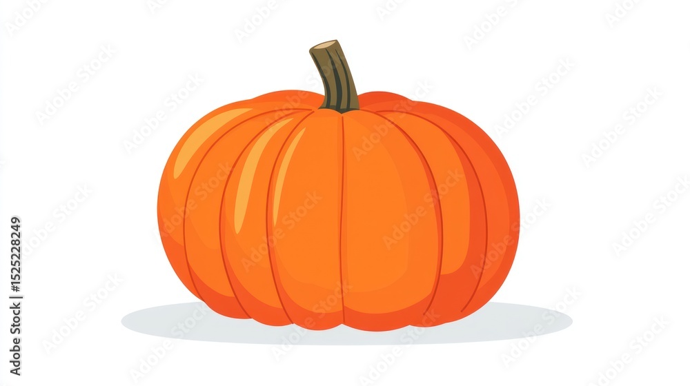 A vibrant orange pumpkin, smooth-skinned with defined vertical ridges, sits on a subtle white shadow against a stark white background. Its brown stem adds a rustic touch A vibrant orange pumpkin, smooth-skinned with defined vertical ridges, sits on a subtle white shadow against a stark white background. Its brown stem adds a rustic touch