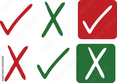 Yes and no check marks. Collection of signs true and false accepted rejected yes no