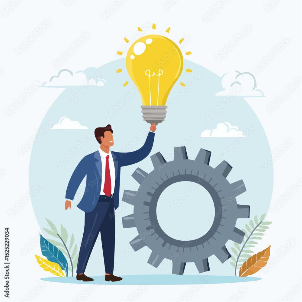 Businessman holding a glowing lightbulb with gear representing ideas and innovation Businessman holding a glowing lightbulb with gear representing ideas and innovation