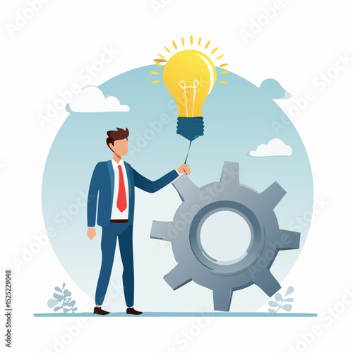 Businessman holding a lightbulb and gear wheel, representing ideas and innovation