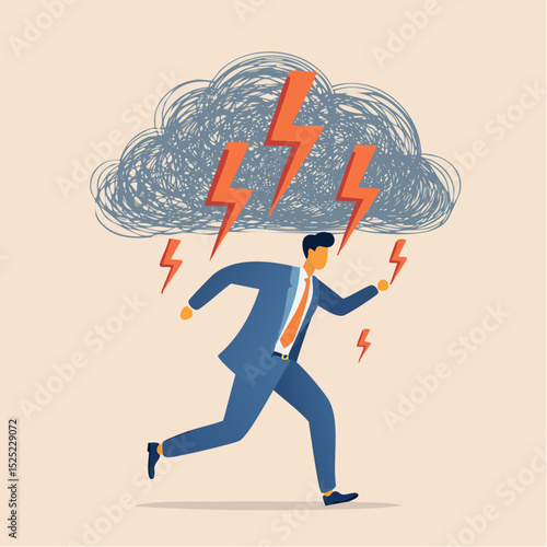 Businessman running from storm clouds, representing stress, anxiety, and mental health issues