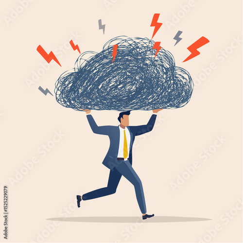 Businessman running under a heavy scribbled cloud symbolizing stress and pressure