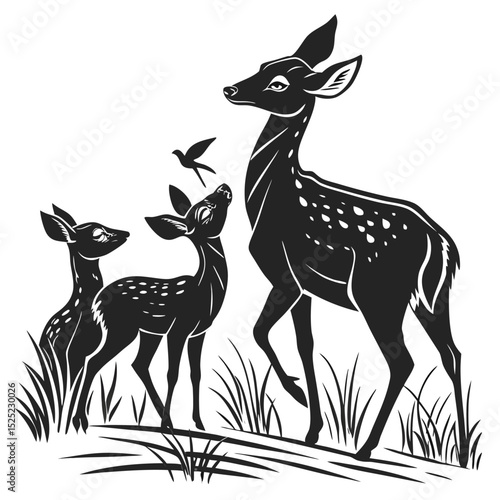 Black and White Illustration of a Mother Deer with Two Fawns Standing in Tall Grass