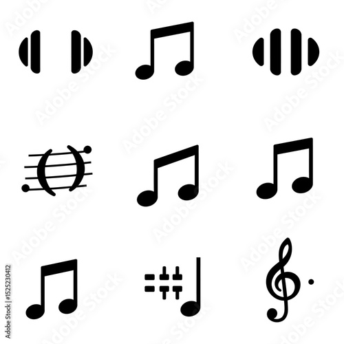 Set of all music notes symbols, flat design vector. Isolated hand-drawn music note icons