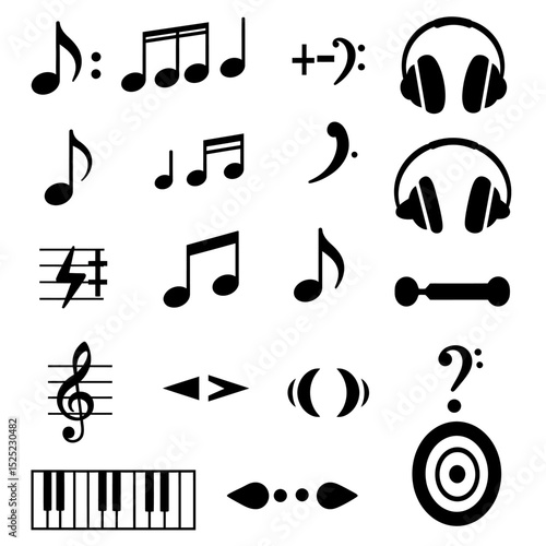 Set of all music notes symbols, flat design vector. Isolated hand-drawn music note icons