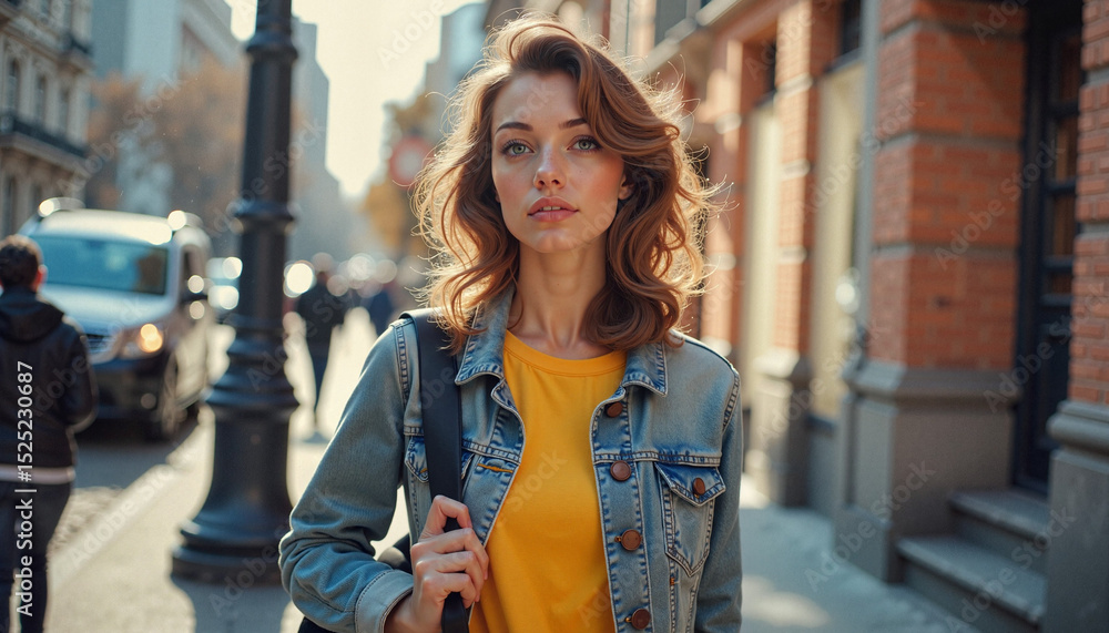 Fototapeta premium Young woman standing on city street in casual outfit during daytime 