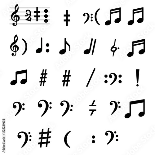 Set of all music notes symbols, flat design vector. Isolated hand-drawn music note icons