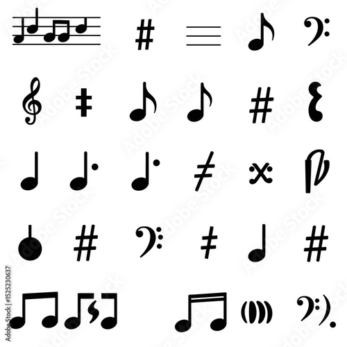 Set of all music notes symbols, flat design vector. Isolated hand-drawn music note icons