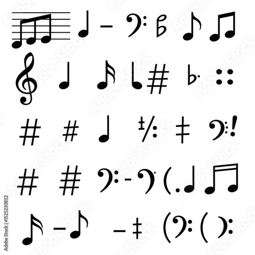 Set of all music notes symbols, flat design vector. Isolated hand-drawn music note icons