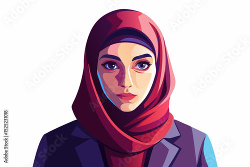 Woman in hijab and formal suit looking directly at camera, white background, soft light