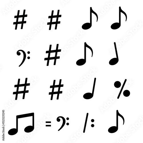 Set of all music notes symbols, flat design vector. Isolated hand-drawn music note icons