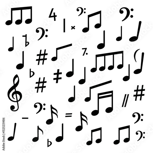 Set of all music notes symbols, flat design vector. Isolated hand-drawn music note icons