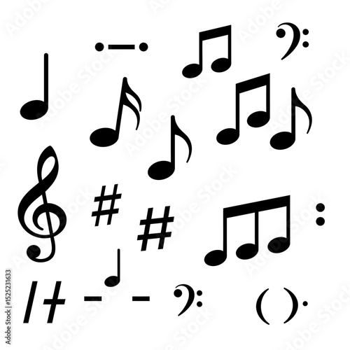 Set of all music notes symbols, flat design vector. Isolated hand-drawn music note icons