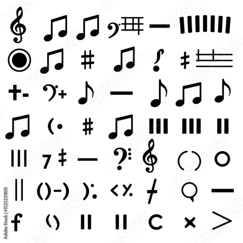 Set of all music notes symbols, flat design vector. Isolated hand-drawn music note icons
