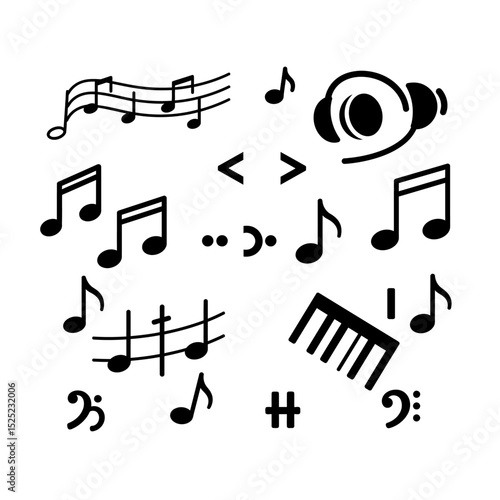 Set of all music notes symbols, flat design vector. Isolated hand-drawn music note icons