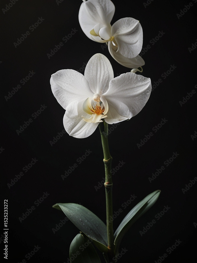 Fototapeta premium Elegant White Orchid in Dramatic Lighting Against Black Background – Minimalist Fine-Art Floral Portrait