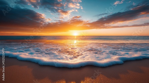 A breathtaking view of a sunset casting warm hues over a tranquil ocean, with gentle waves lapping at the shore, inviting serenity and reflection.