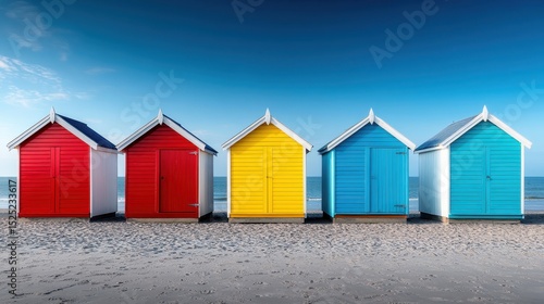 Wallpaper Mural Five colorful beach huts standing prominently against a clear blue sky and sandy beach, evoking summer vibes and a sense of relaxation and fun by the coast. Torontodigital.ca