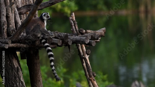 Unique Lemur Catta Family Frolicking Near Famous Baobab Tree in Madagascar's Wildlife at Sunset