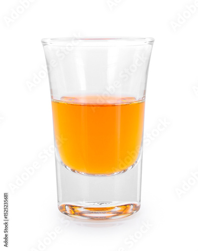 Glasses of whiskey and alcohol with ice isolated on white.