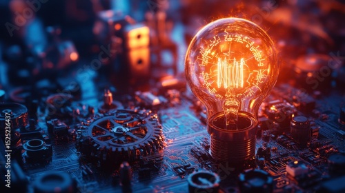 Futuristic glowing bulb merging analog gears with digital circuit flow on a clean background