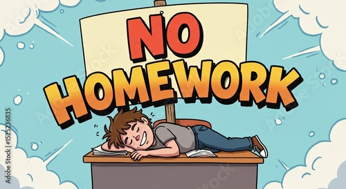 Cartoon illustration of a boy sleeping on a desk with a 