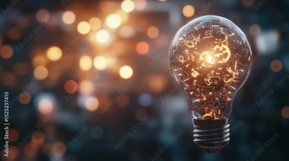 Innovative concept of a light bulb containing mechanical gears and glowing circuit lines representing futuristic ideas Innovative concept of a light bulb containing mechanical gears and glowing circuit lines representing futuristic ideas