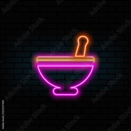Mortar and pestle glyph icon. bowl. neon style.drop shadow naturopathy silhouette symbol. herbal alternative medicine. negative space. isolated illustration