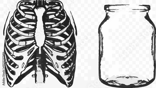 Illustration showing a rib cage skeleton and a clear glass jar side by side in black and white