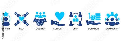 Volunteering icon set vector illustration concept relate to volunteer aid assistant with icon of charity, help, together, support, unity, donation, and community