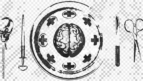 Monochrome depiction of medical tools including brain syringe scalpel and surgical scissors on plate