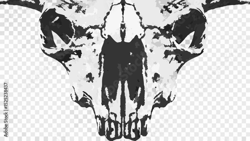 Detailed monochrome illustration of a skull with prominent horns and visible teeth detail