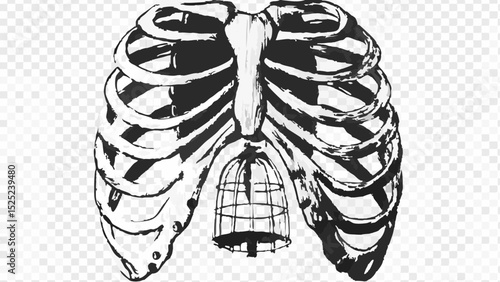 Illustration of a ribcage with a birdcage inside the chest cavity in black and white style