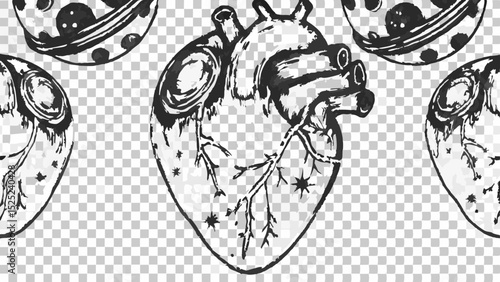 Illustration featuring anatomical hearts and celestial orbs in a repeating pattern design