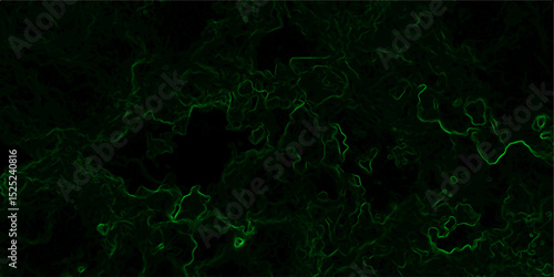 Abstract dark texture with glowing neon green fractal-like wisps and swirling tendrils against a nearly black background. luminous smoke or energy field, forming intricate organic patterns and depth.
