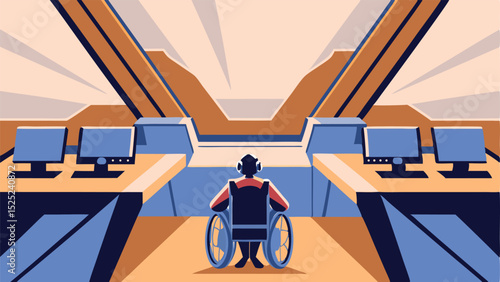Individual in wheelchair, wearing headphones, is seated at a futuristic control center with multiple computer screens, showcasing an innovative workspace environment for accessibility and technology