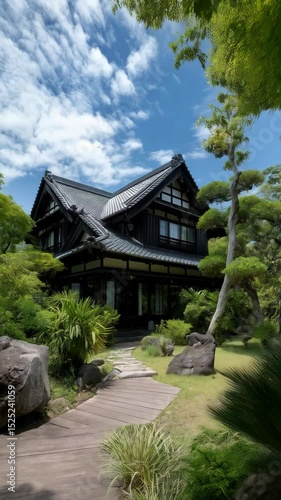 Wallpaper Mural Traditional wooden house surrounded by lush green garden with winding stone and wood pathway on a bright sunny day under blue sky and clouds Torontodigital.ca