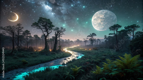 An enchanting and surreal alien landscape from a fantastic frontier, featuring bioluminescent plants, a glowing river, and two moons under a starry sky. A visual representation of imagination and disc