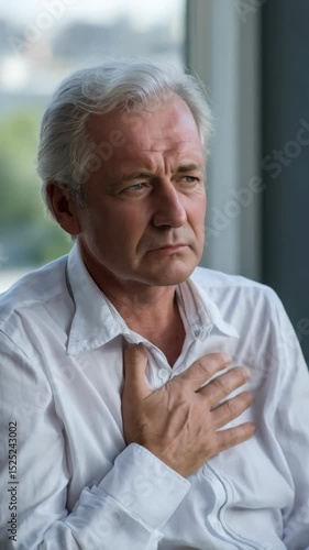 Wallpaper Mural Senior man with worried expression holding his chest in distress, possibly experiencing chest pains or an anxiety attack, wearing a white button down shirt. Torontodigital.ca