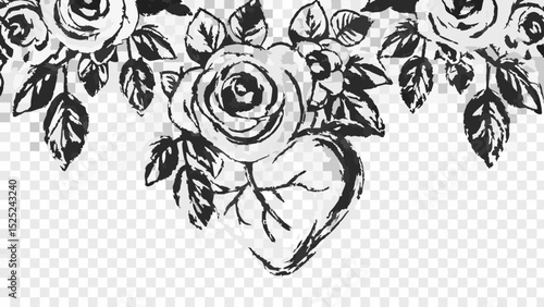 Detailed monochrome floral arrangement featuring roses and leaves in an artistic style