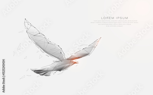 Low poly wireframe bird flying with geometric abstract particles
