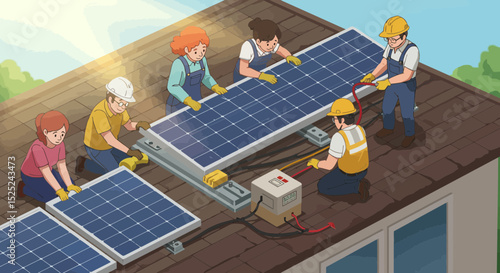 Team installing solar panels on a rooftop to promote clean energy and sustainability