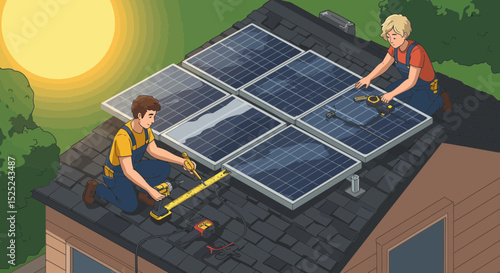 Two installers working on solar panel installation on a rooftop in a sunny day
