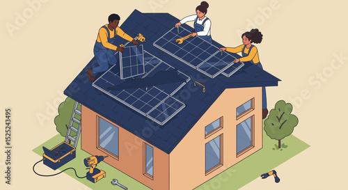 Diverse team installing solar panels on a house roof for sustainable energy solution
