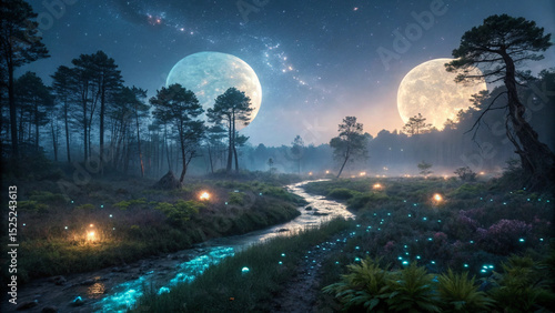 An enchanting and surreal alien landscape from a fantastic frontier, featuring bioluminescent plants, a glowing river, and two moons under a starry sky. A visual representation of imagination and disc