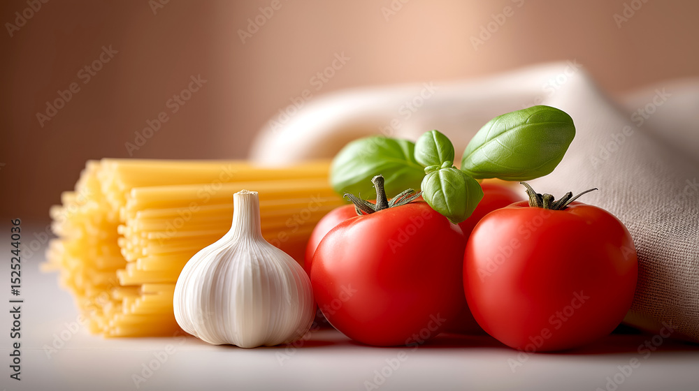 Fresh ingredients including spaghetti, juicy tomatoes, aromatic garlic, and vibrant basil sit on a neutral kitchen surface, evoking the essence of home cooking and culinary creativity. Fresh ingredients including spaghetti, juicy tomatoes, aromatic garlic, and vibrant basil sit on a neutral kitchen surface, evoking the essence of home cooking and culinary creativity.