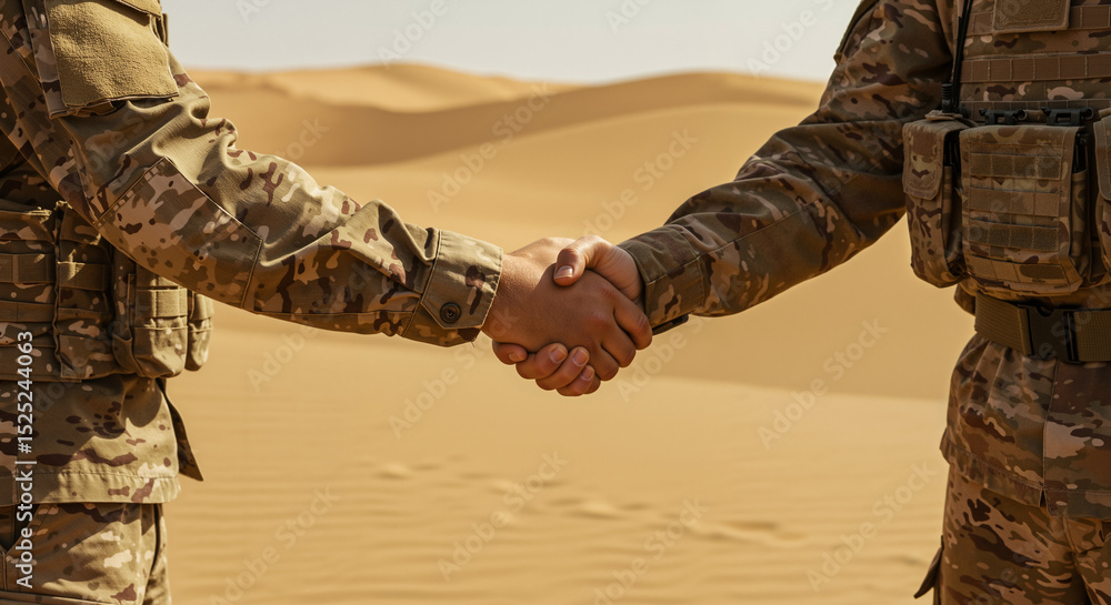 Fototapeta premium Two soldiers shaking hands in desert landscape during daylight 