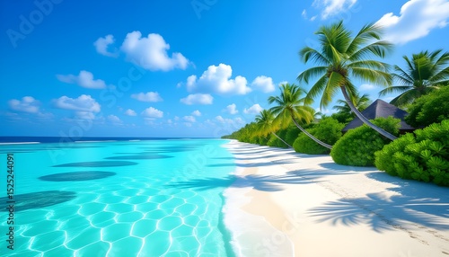 Fototapeta Naklejka Na Ścianę i Meble -  Tropical beach in the Maldives with palm trees, white sand, and calm blue waters.

