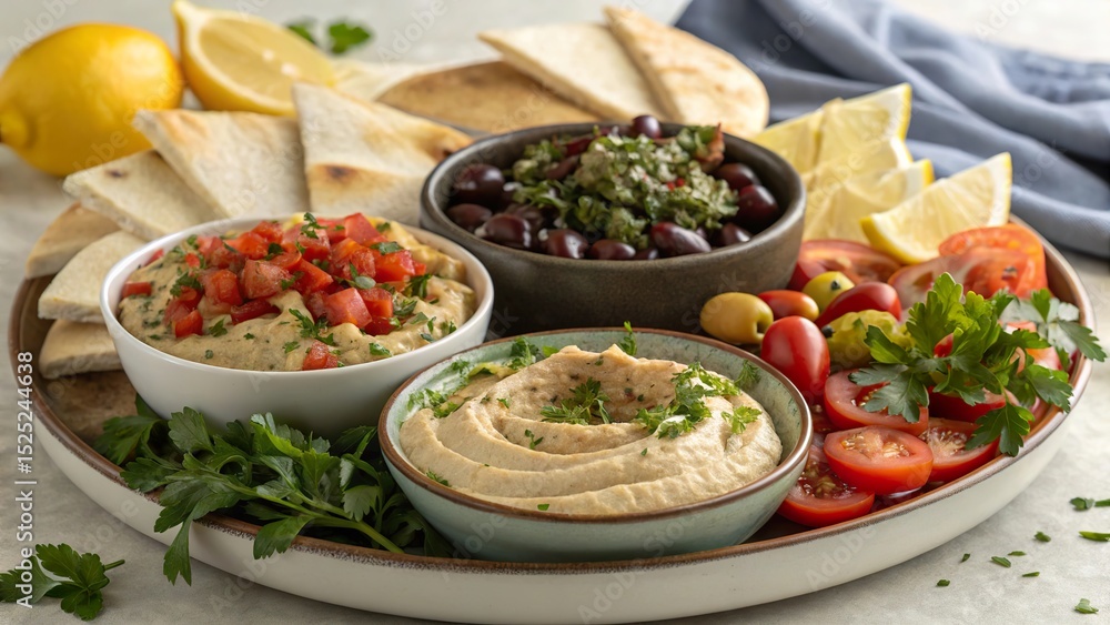 Assorted Mediterranean mezze platter showcasing fresh flavors and vibrant colors perfect for sharing with friends Assorted Mediterranean mezze platter showcasing fresh flavors and vibrant colors perfect for sharing with friends