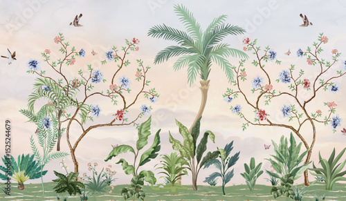 Tropical Wall Mural, Tropical Garden Illustration for Decore, Mural, Wallpaper
